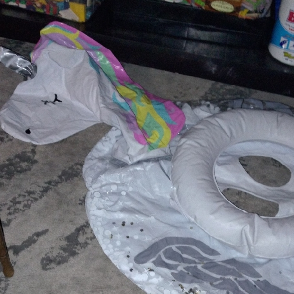 White Inflatable Unicorn Pool Float with Pastel Mane